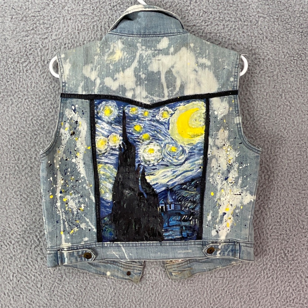 Chique Denim Architect Vest Womens M Blue Starry Night Hand Painted Acid Wash